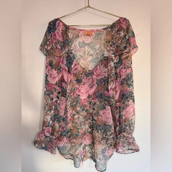 Vintage Gold Tag Victoria's Secret Floral Sheer Ruffle Poet Blouse Top w/Pearl - Picture 2 of 16